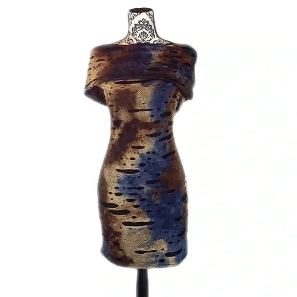 Samuel Dong Cowl Neck Brown and Blue Post Ripped Dress, L - Picture 2 of 9